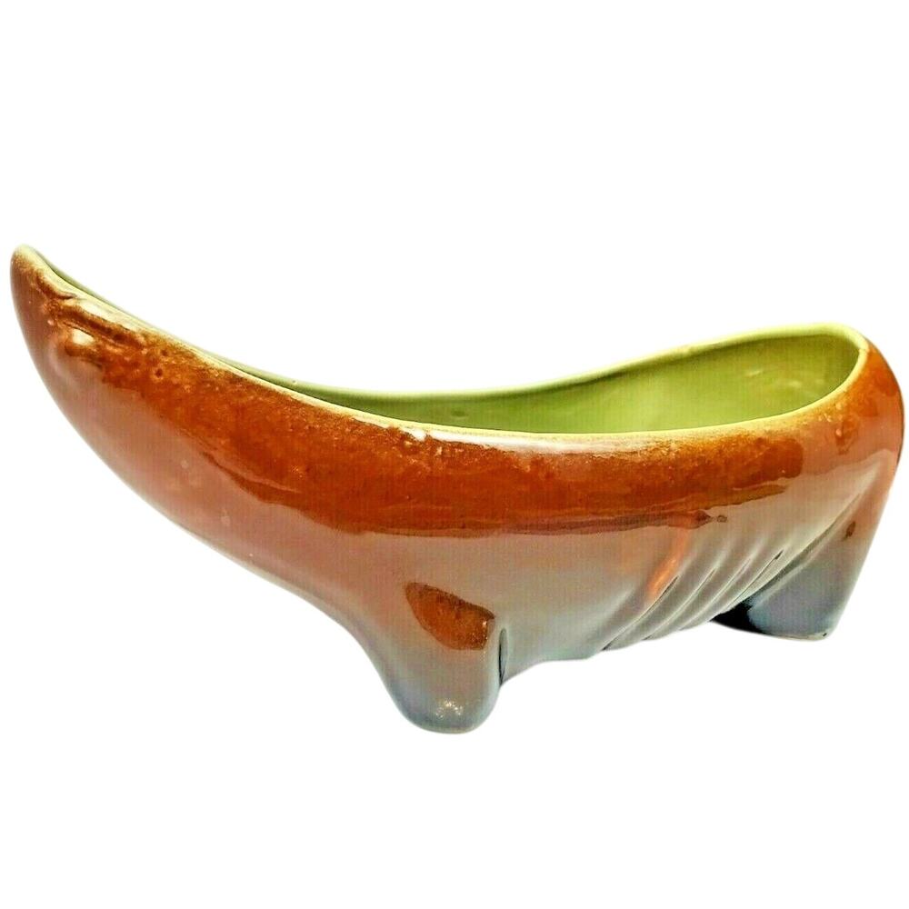Vintage Brown Green Primitive Pottery Ceramic Oblong Oval Dish Bowl Planter